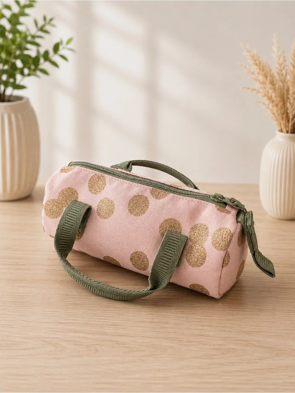 Pottery Barn Kids Pink Backpack Set with Gold Polka Dots and Olive Trim